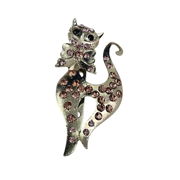 Vintage Cat Rhinestone Brooch Pin With Pink & Purple Crystals - Picture 5 of 6